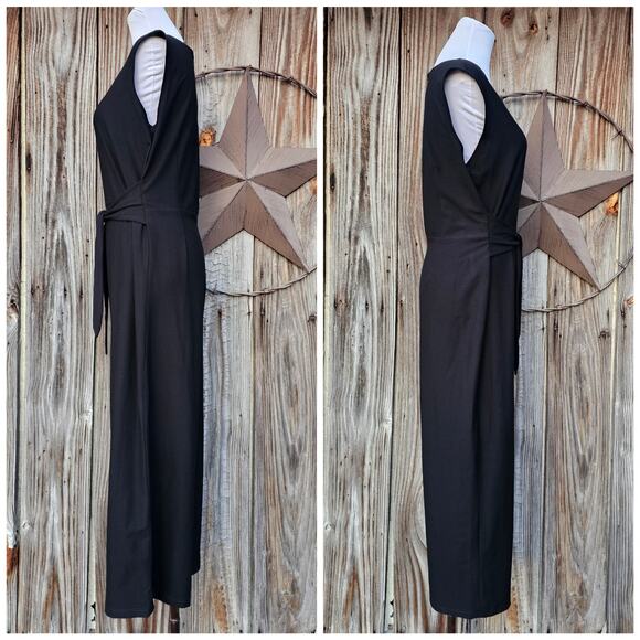 Sleeveless Belted Jumpsuit Eileen Fisher Sz L Black Stretch Crepe Crop Wide Leg - Picture 3 of 10